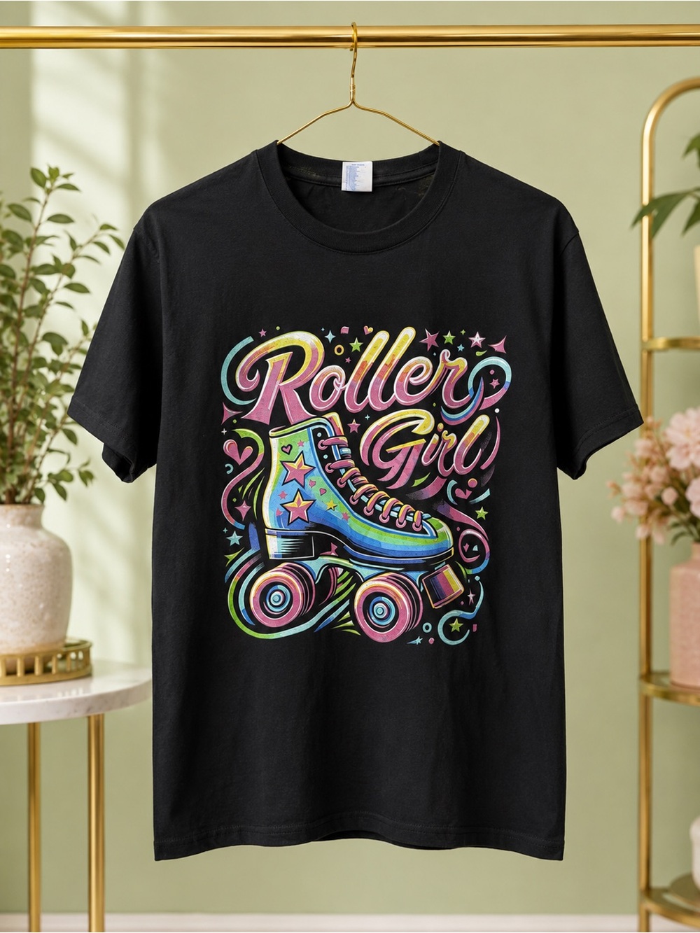 Port & Company Roller Girl Retro Roller Skate Graphic Tee Black Small